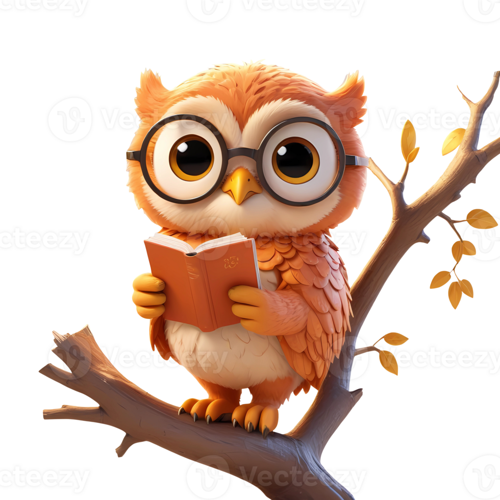 3d rendering owl cartoon character with glasses and holding open book sitting on branch png