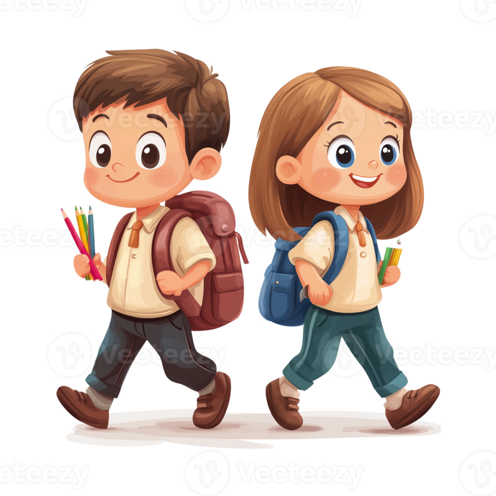 Colorful Illustration of Happy Children Walking to School with Backpacks, Perfect for Back-to-School Themes and Educational Content png