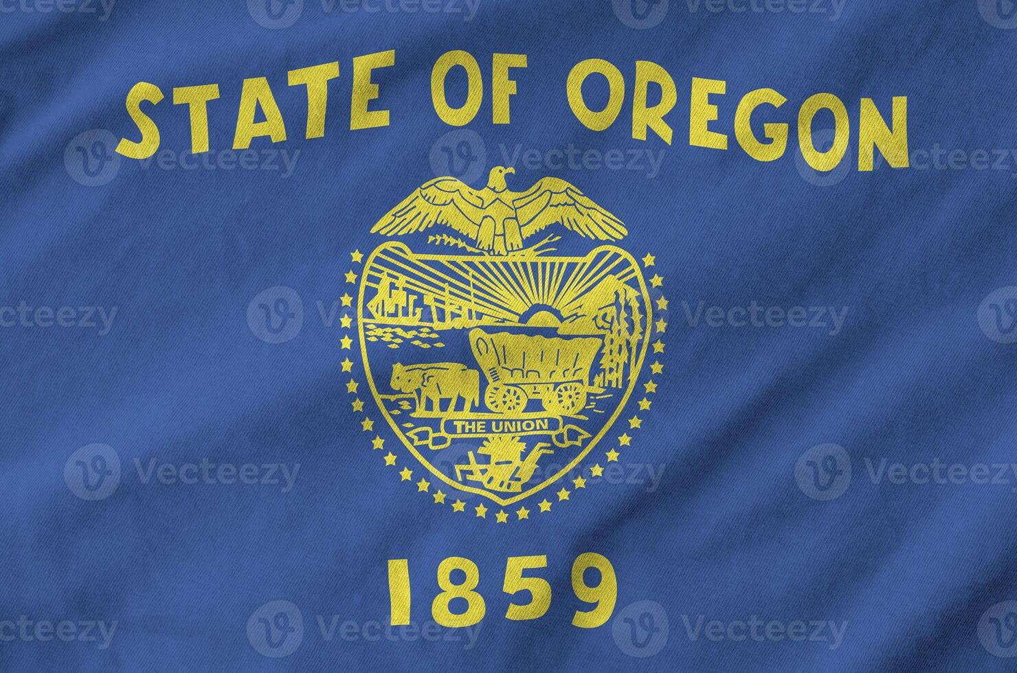 Oregon US state flag depicted on folded wavy fabric of old cloth photo