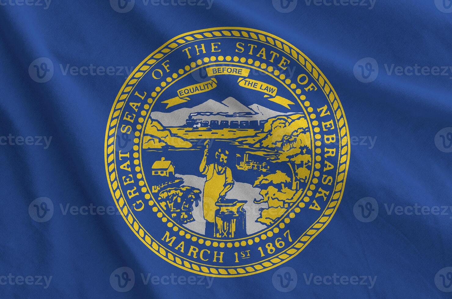 Nebraska US state flag depicted on folded wavy fabric of old cloth photo