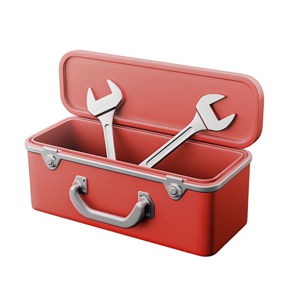 The image shows a cute red toolbox with two wrenches sticking out of it, transparent background, 3D render png