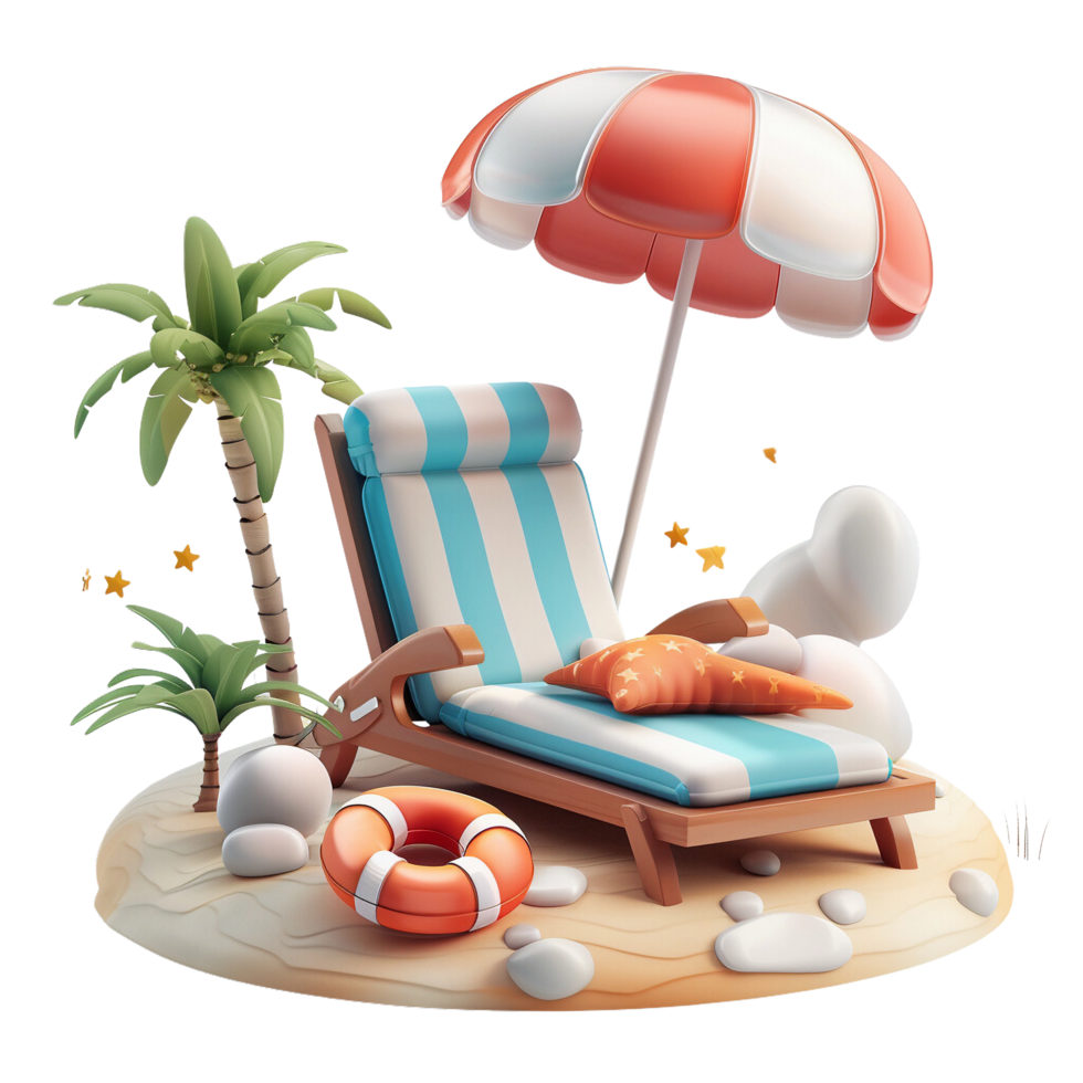 Beach lounger with umbrella and palm trees, 3D rendering png