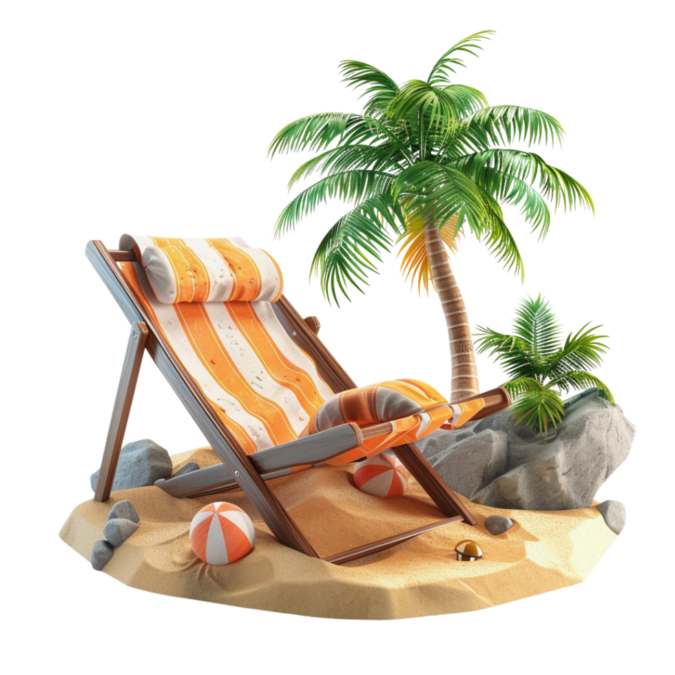 Beach chair with palm tree and beach ball, relaxing summer vacation scene png
