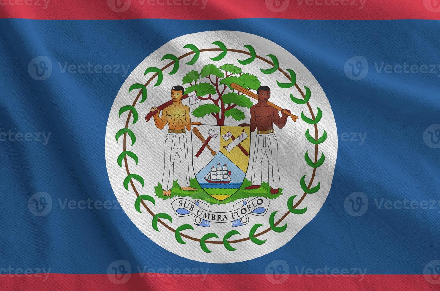Belize flag depicted on folded wavy fabric of old cloth photo