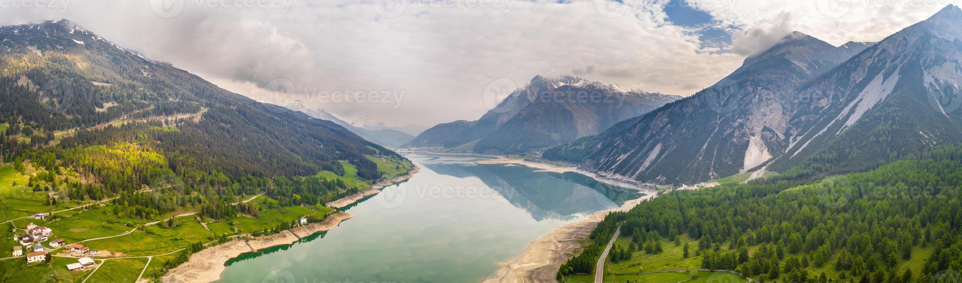 Reschensee Italy Aerial Panorama. Mountain Valley with lake Reschen photo