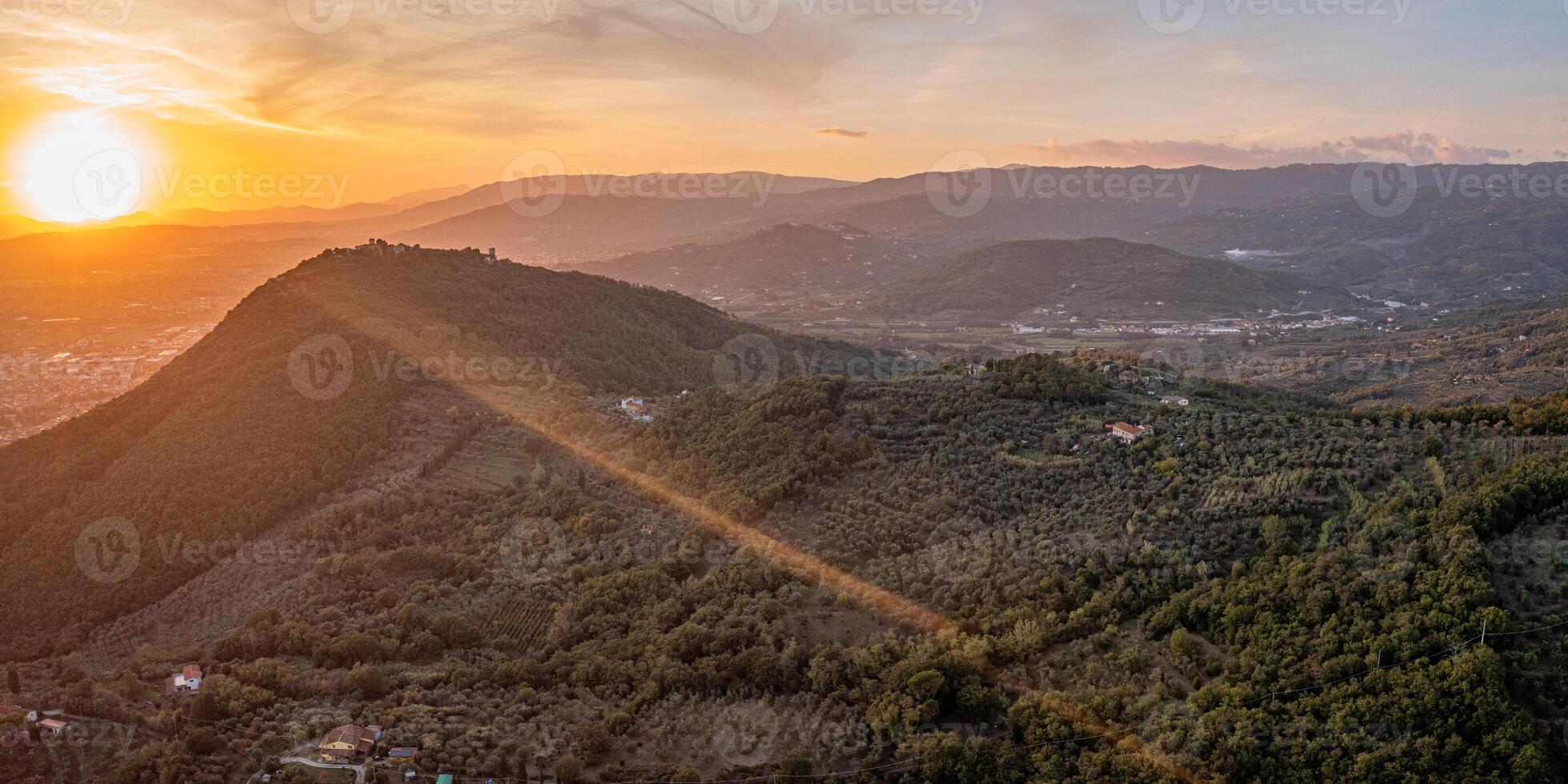Tuscany hills sunset. Beautiful aerial shot of scenic landscape photo