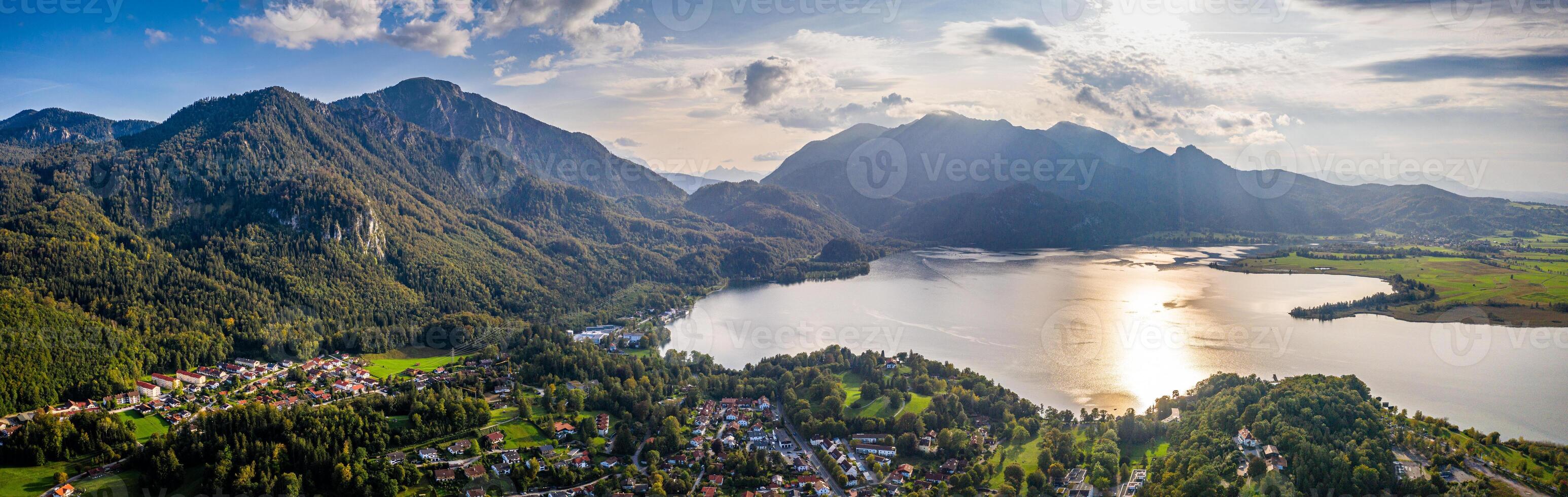Kochelsee lake beautiful alps panorama in bavaria. Scenic Drone shot photo