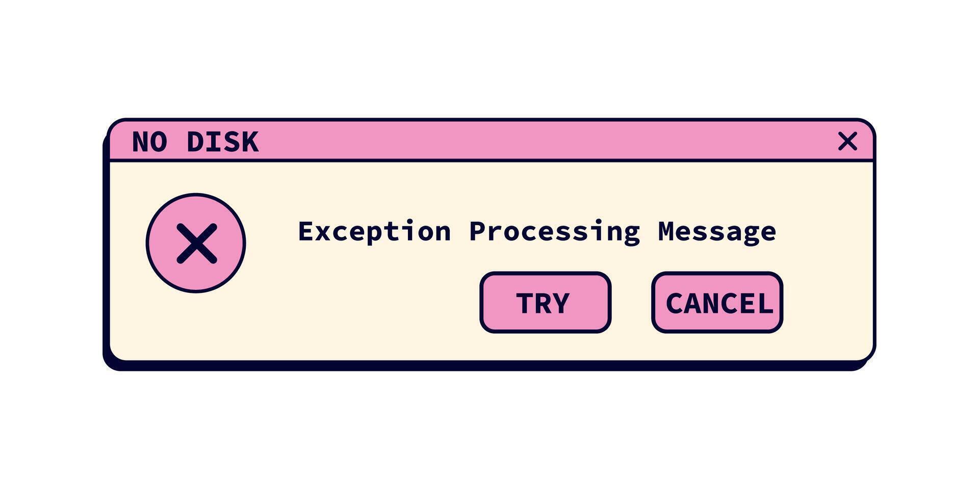 No disk error message in pink color retro style. Warning notification window. vector
