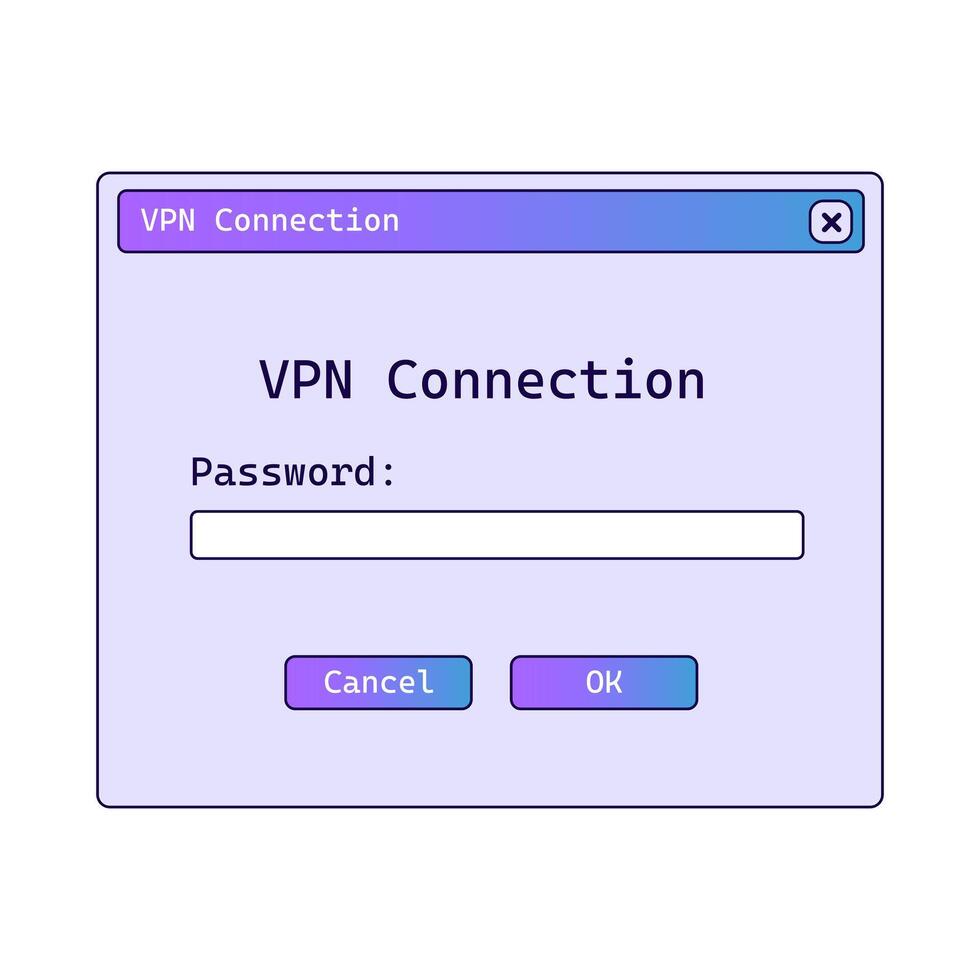 Vpn connection window with gradient. Registration panel in old style. vector