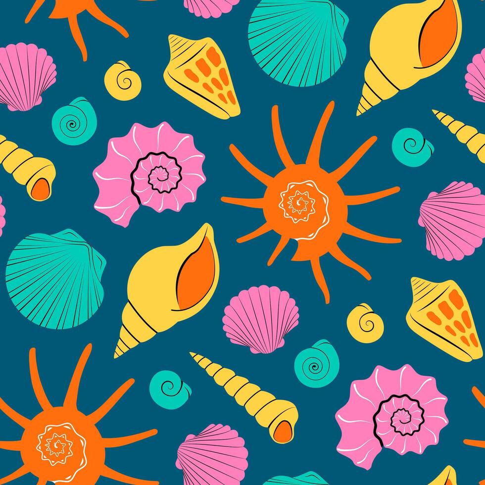 Colorful Sea shells seamless pattern on dark background in modern flat style vector