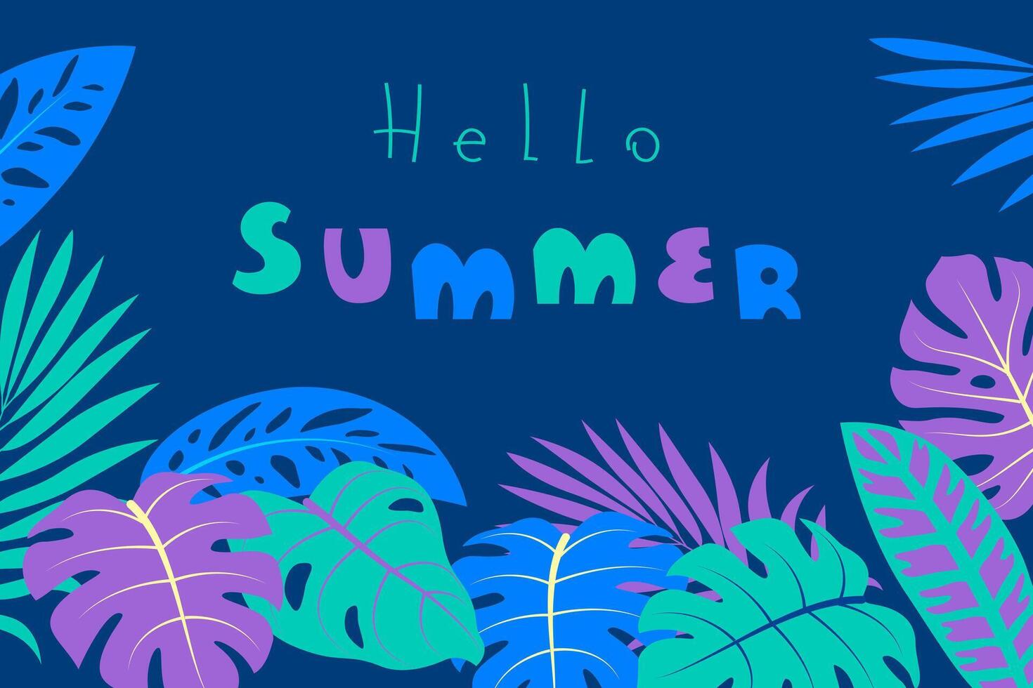Summer banner design with exotic tropical palm and monstera leaves on dark blue background vector