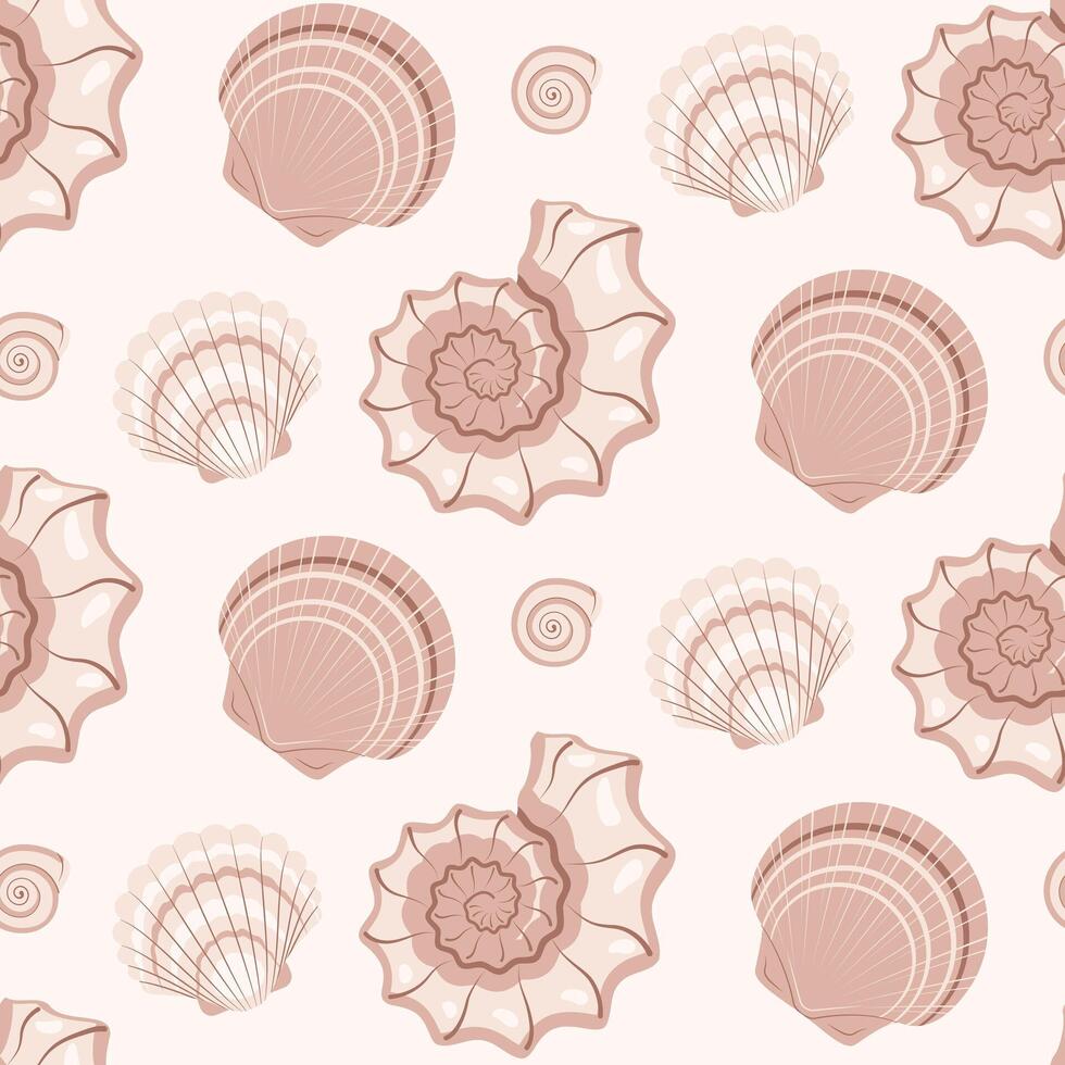 Seashells seamless pattern on beige background in cartoon style vector