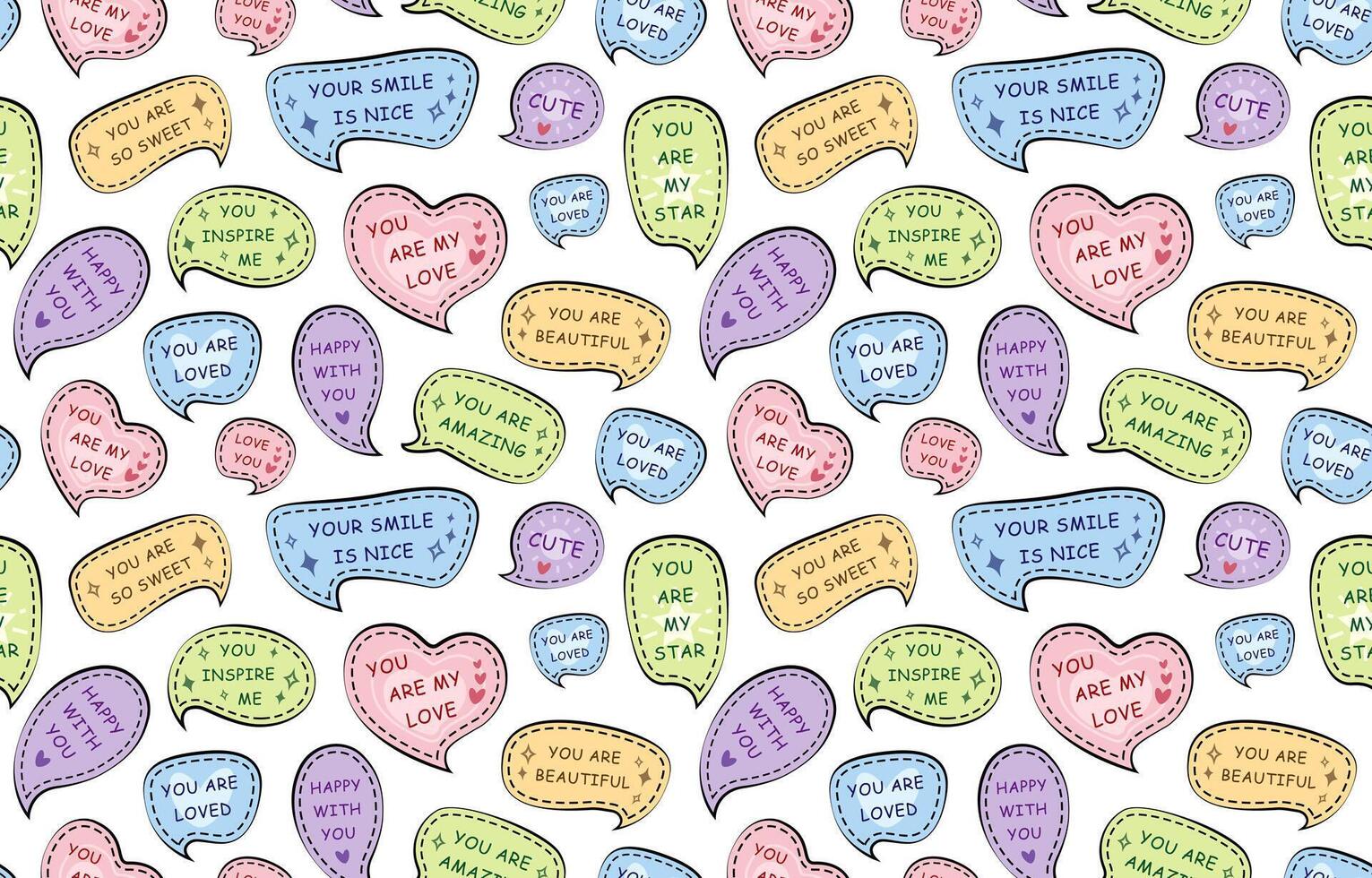 Seamless pattern with color speech bubbles. Cute stickers with motivational compliment phrases, love quotes. vector