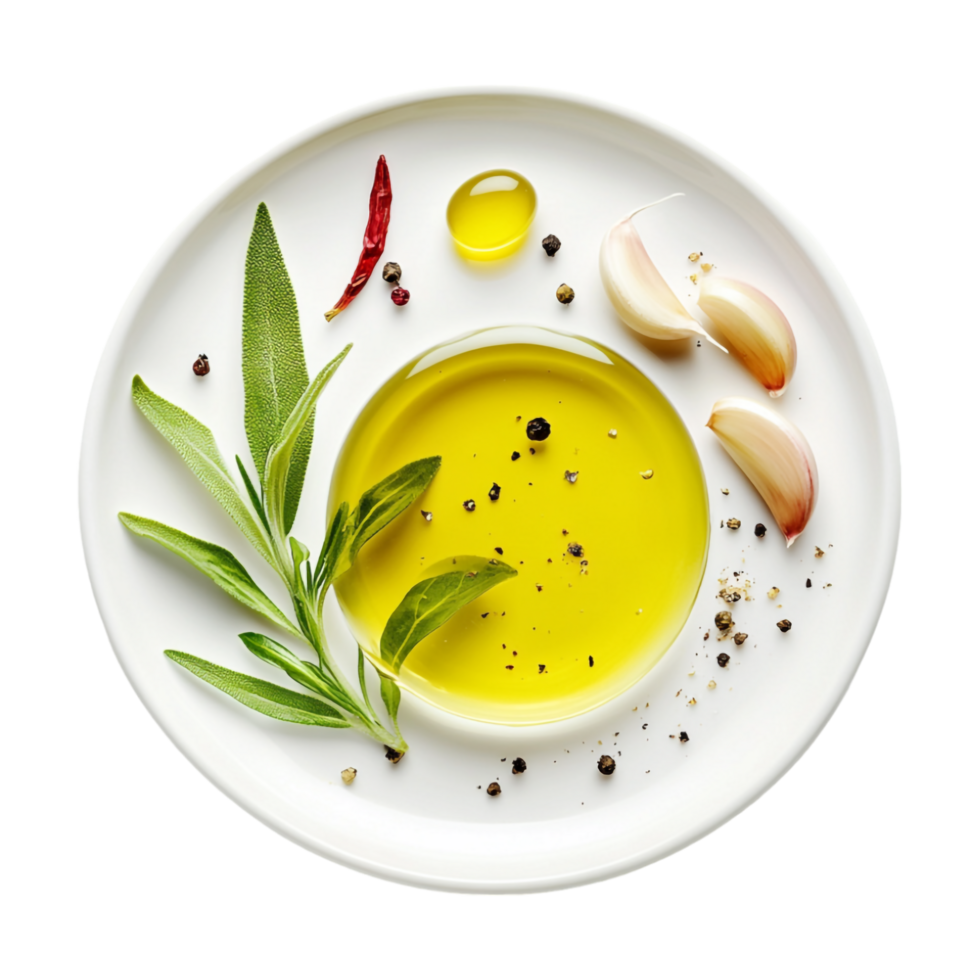 Olive Oil in a Bowl on Plate With Garlic on Transparent Background png