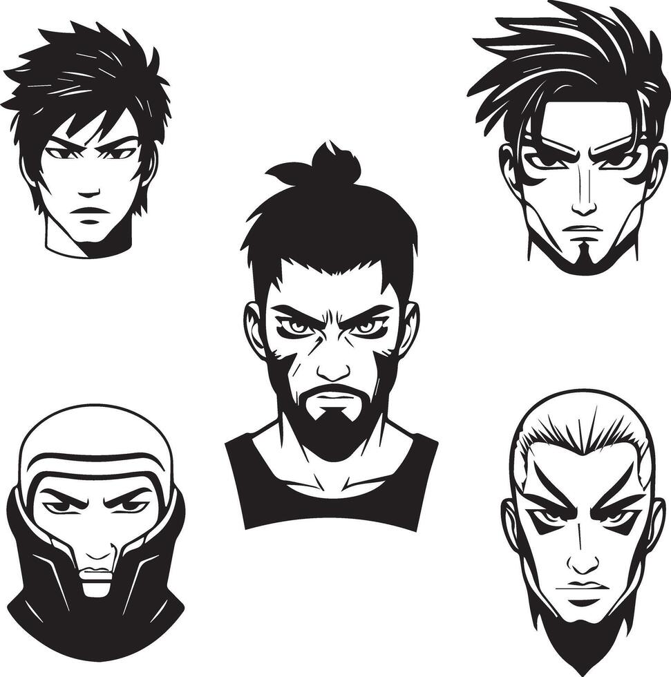 Line art style illustration featuring several male characters in anime style. vector