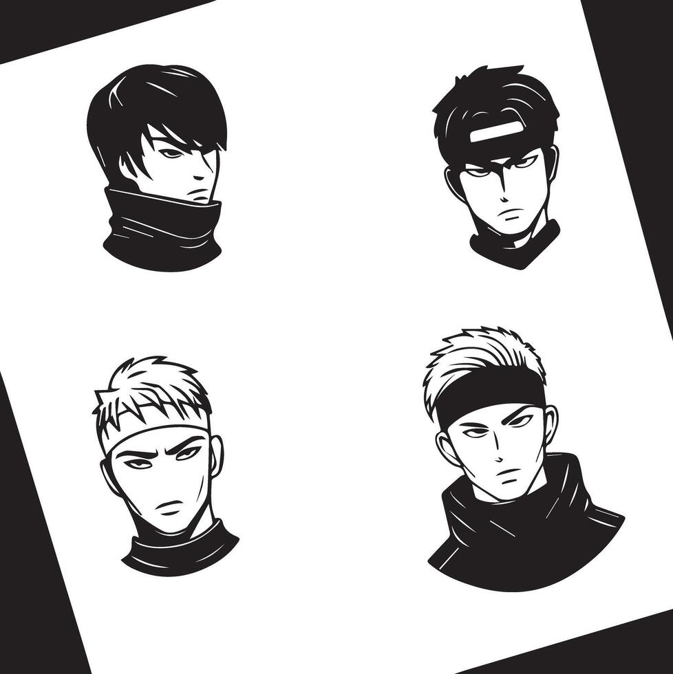 Anime style illustration consisting of several male characters with various facial expressions and hairstyles vector