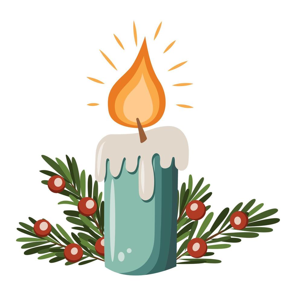 New Year's candle with fir branches and red berries. The candle is the center of the image, while the leaves and berries add a festive touch to the scene. vector