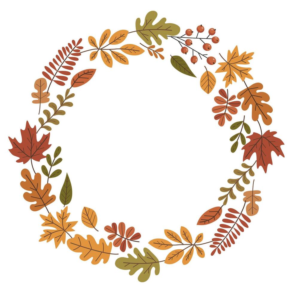 A wreath made of autumn leaves with a white background. The leaves are of different sizes and colors, and they are arranged in a circular pattern. The wreath is a beautiful vector
