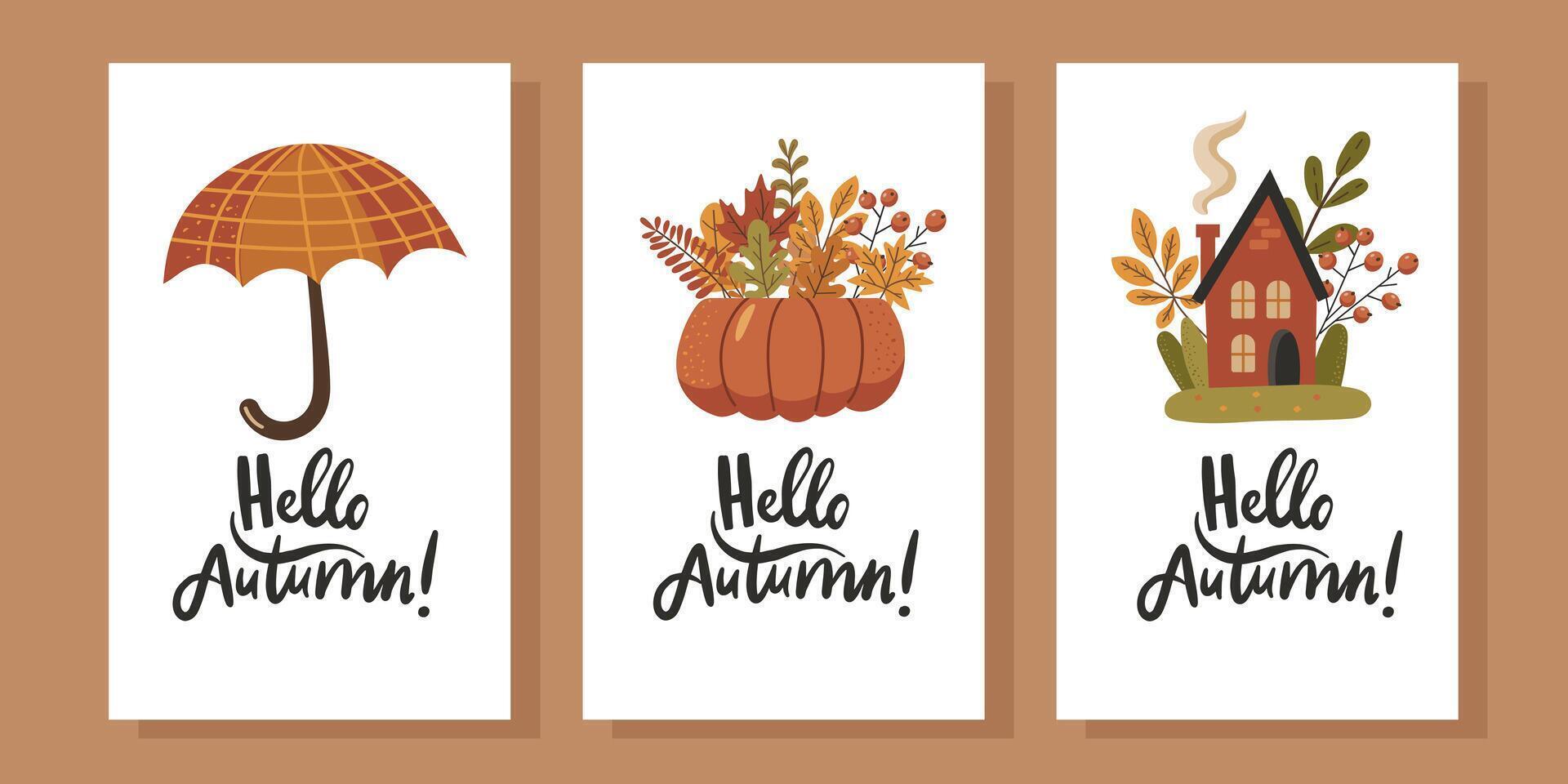 Three postcards with autumn themes and the words Hello Autumn written on them. vector