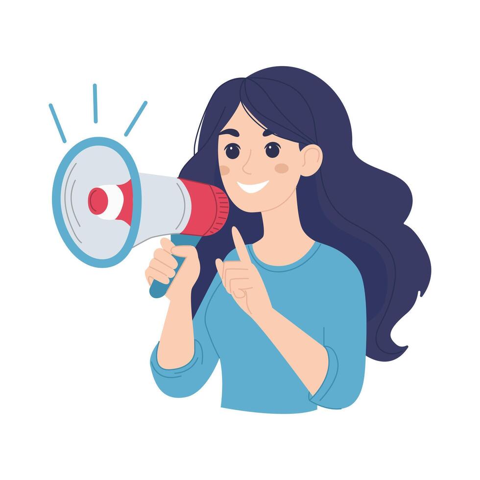 Woman with megaphone saying something .Marketing communication concept.Talking with megaphone.Flat graphic illustration isolated on white background vector