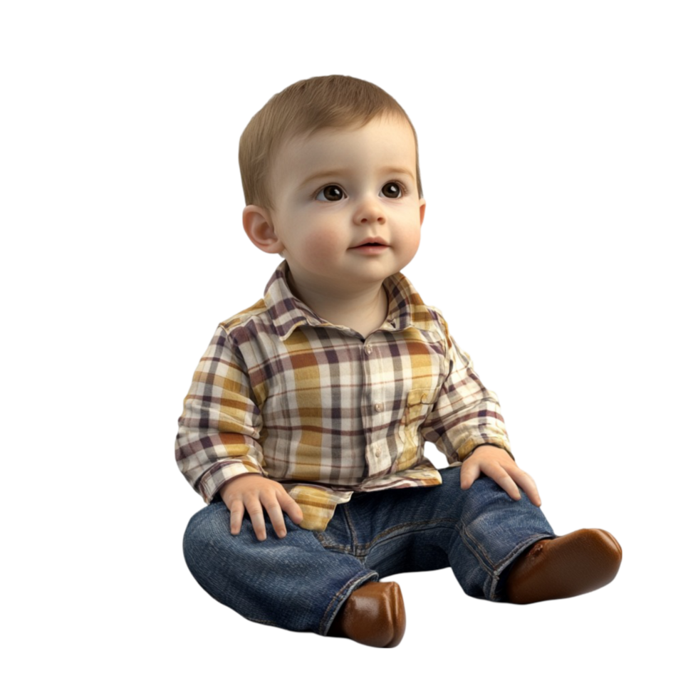 Young Baby Boy in Plaid Shirt and Blue Jeans Sitting on Transparent background AI-Generative png