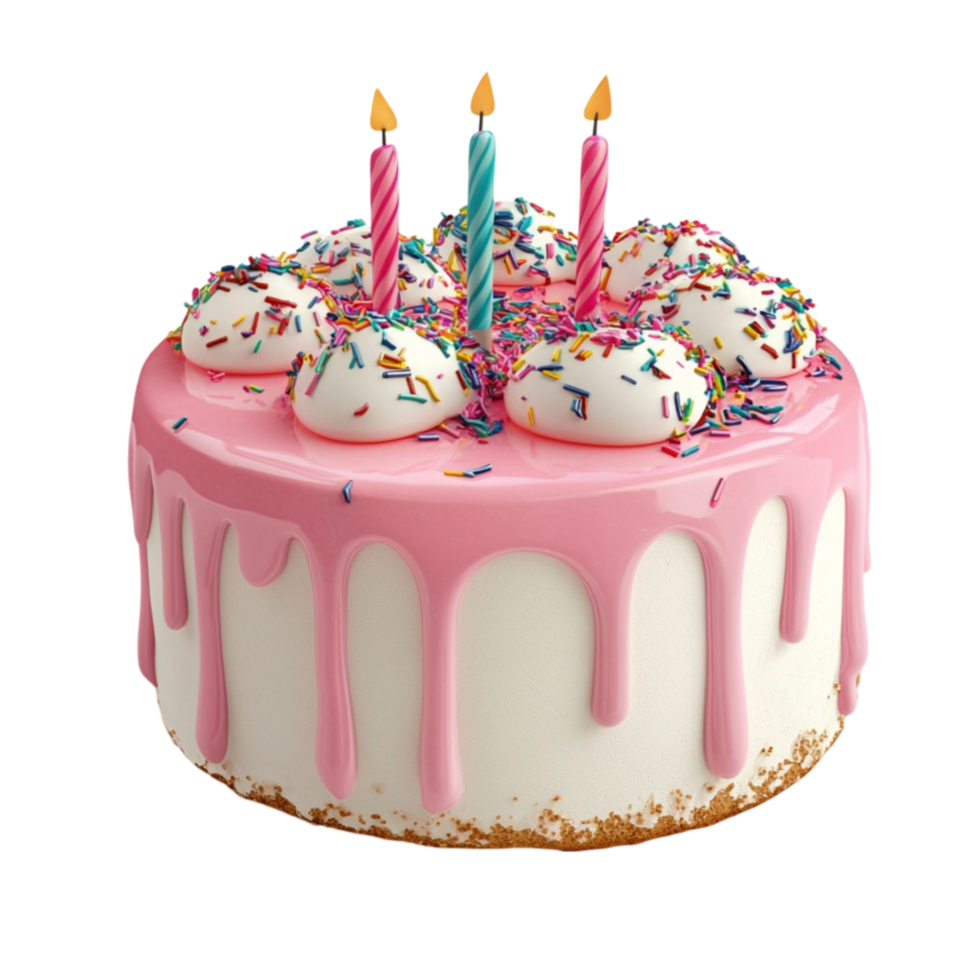 Three-Tiered Cake with Pink Frosting, White Sprinkles, on Transparent background AI-Generative png