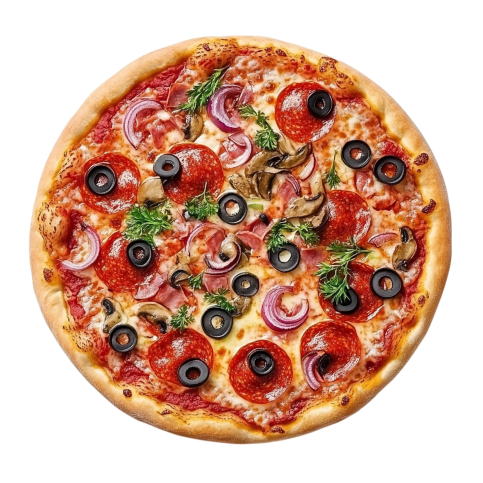 groot vers gebakken pizza met paddestoelen, olijven, en uien Aan transparant achtergrond ai-generatief png