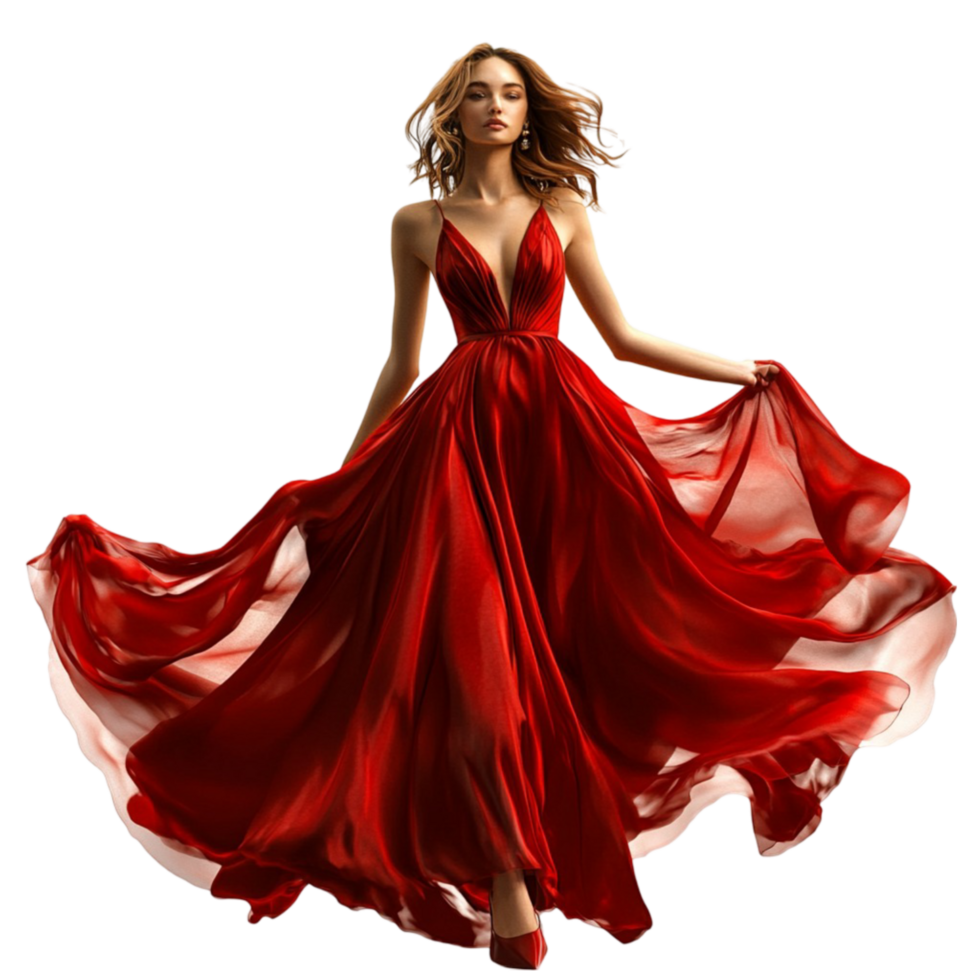 Woman in Red Dress Floating Mid-Air with Flowing Fabric on Transparent background AI-Generative png