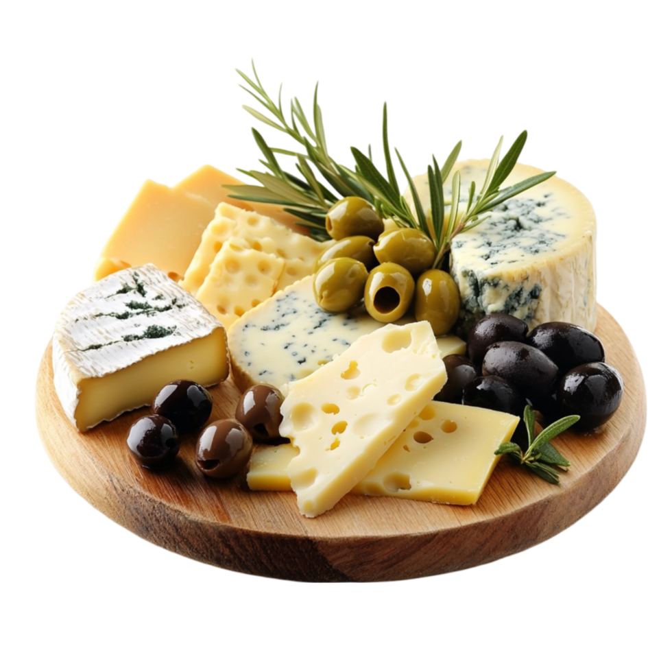 Wooden Platter with Variety of Cheeses and Olives Garnished with Greenery on Transparent background AI-Generative png