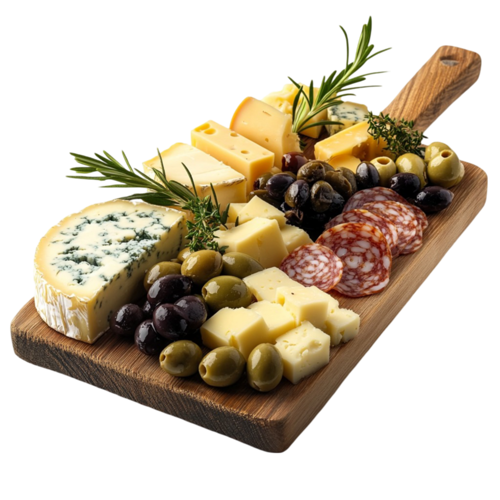 Delicious Selection of Cheeses, Olives, and Cured Meats on Transparent background AI-Generative png