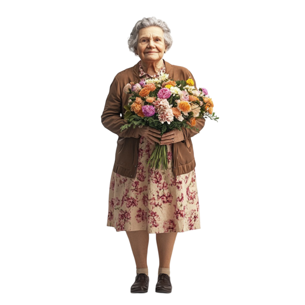 Elderly Woman in Brown Cardigan and Floral Dress Holding on Transparent background AI-Generative png