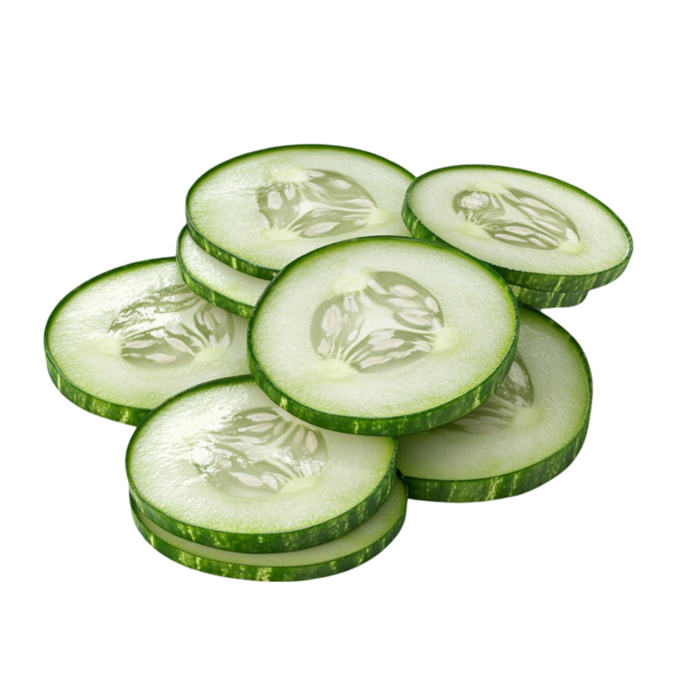 Stack of Eight Cucumber Slices with Visible Seeds and Skin on Transparent background AI-Generative png