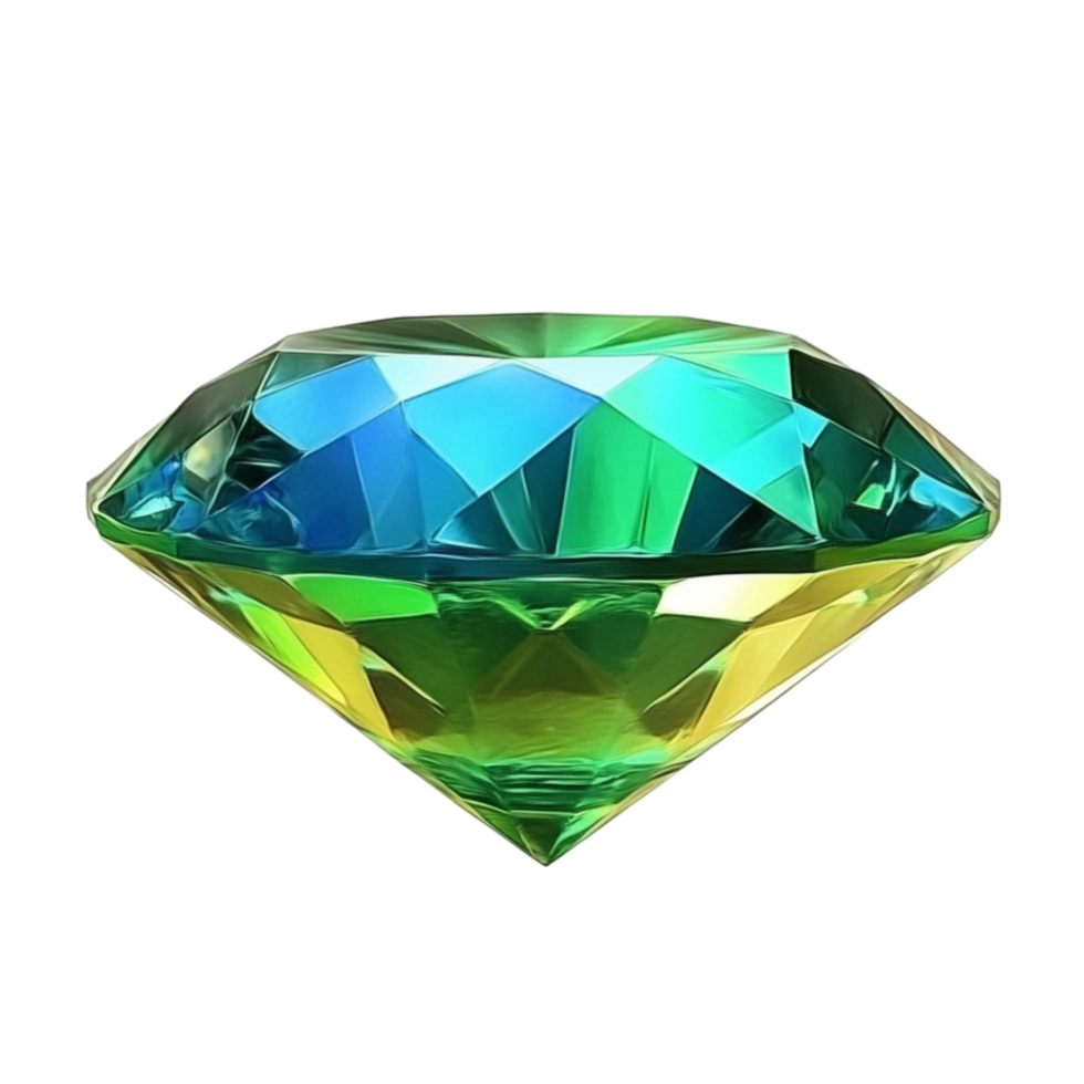 Three-Dimensional Rendering of Multi-Colored Faceted Diamond in Blue, Green, and Yellow on Transparent background AI-Generative png