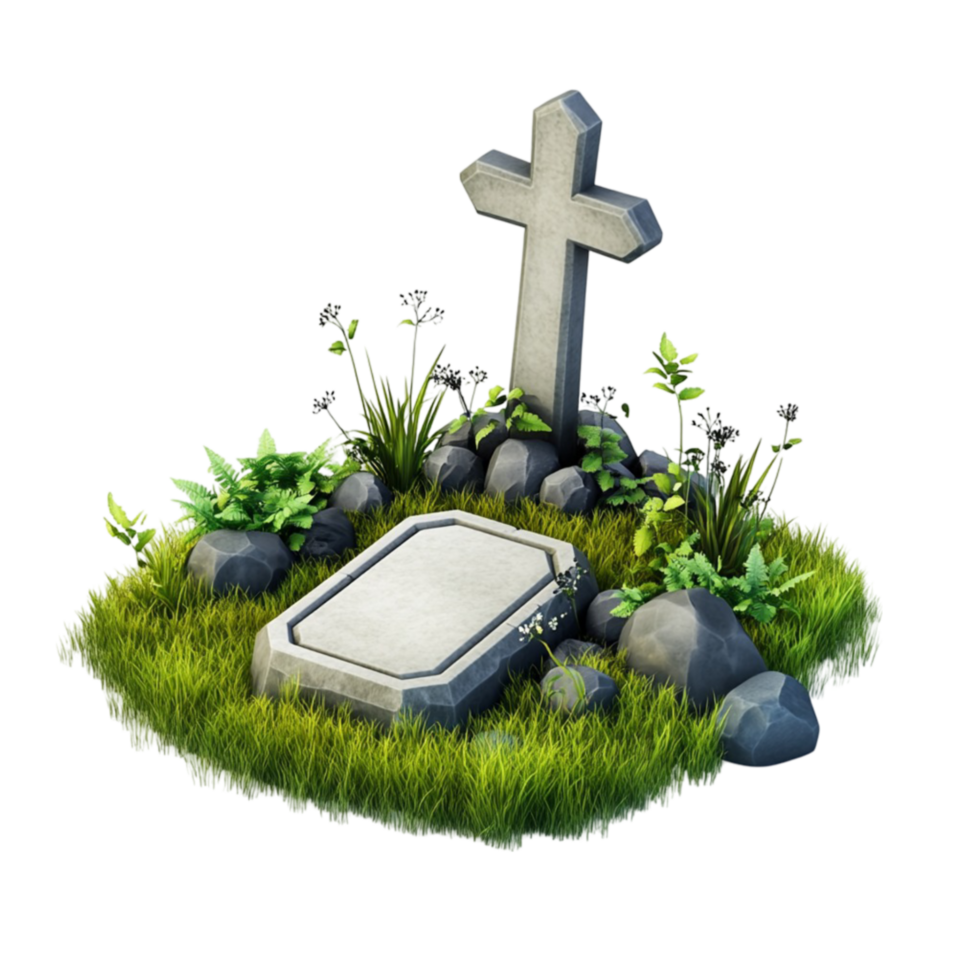 Gray Cross on Green Grass Surrounded by Rocks on Transparent background AI-Generative png