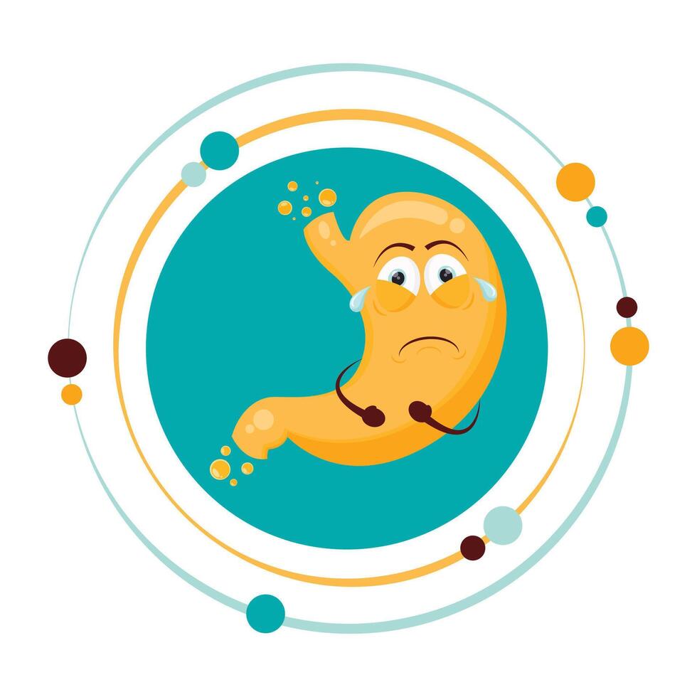 Nauseous sick cartoon stomach with acid and bile graphic icon vector