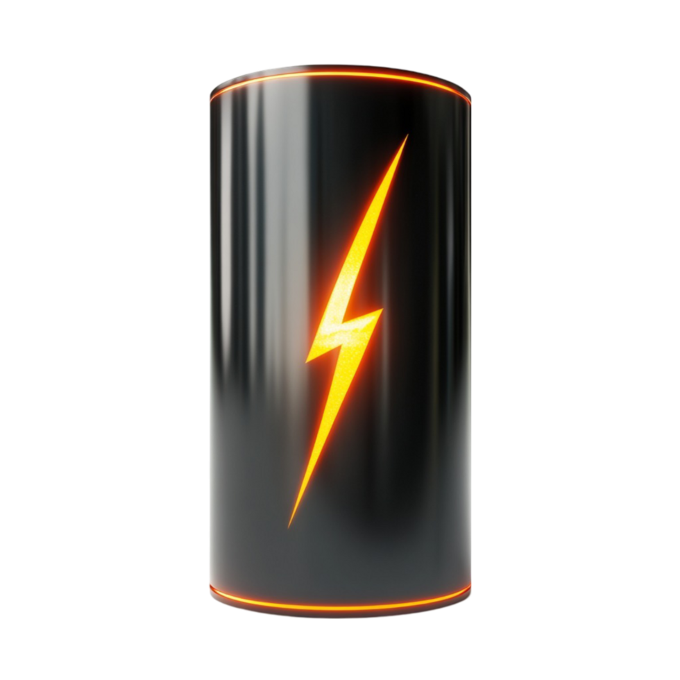Cylindrical Object with Black Exterior and Yellow Lightning Bolt on Transparent background AI-Generative png