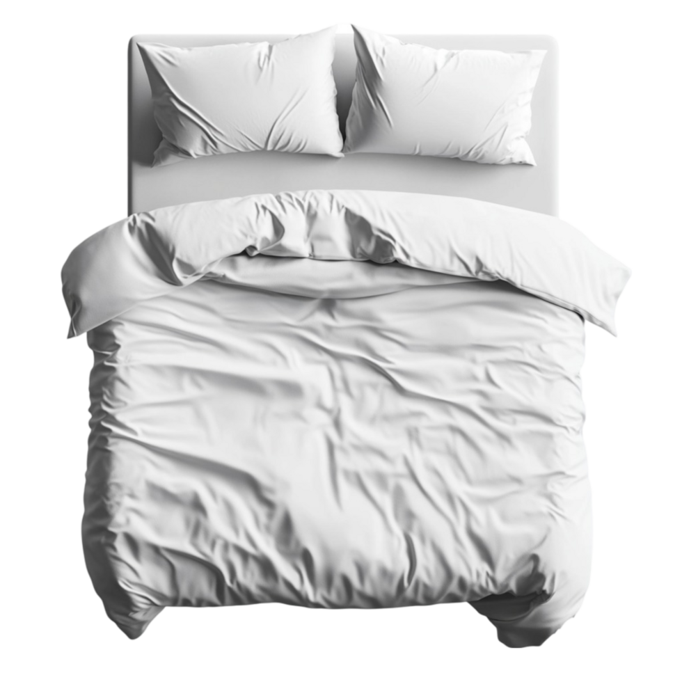 White Bed with Wrinkled Cover and Two Pillows Against on Transparent background AI-Generative png
