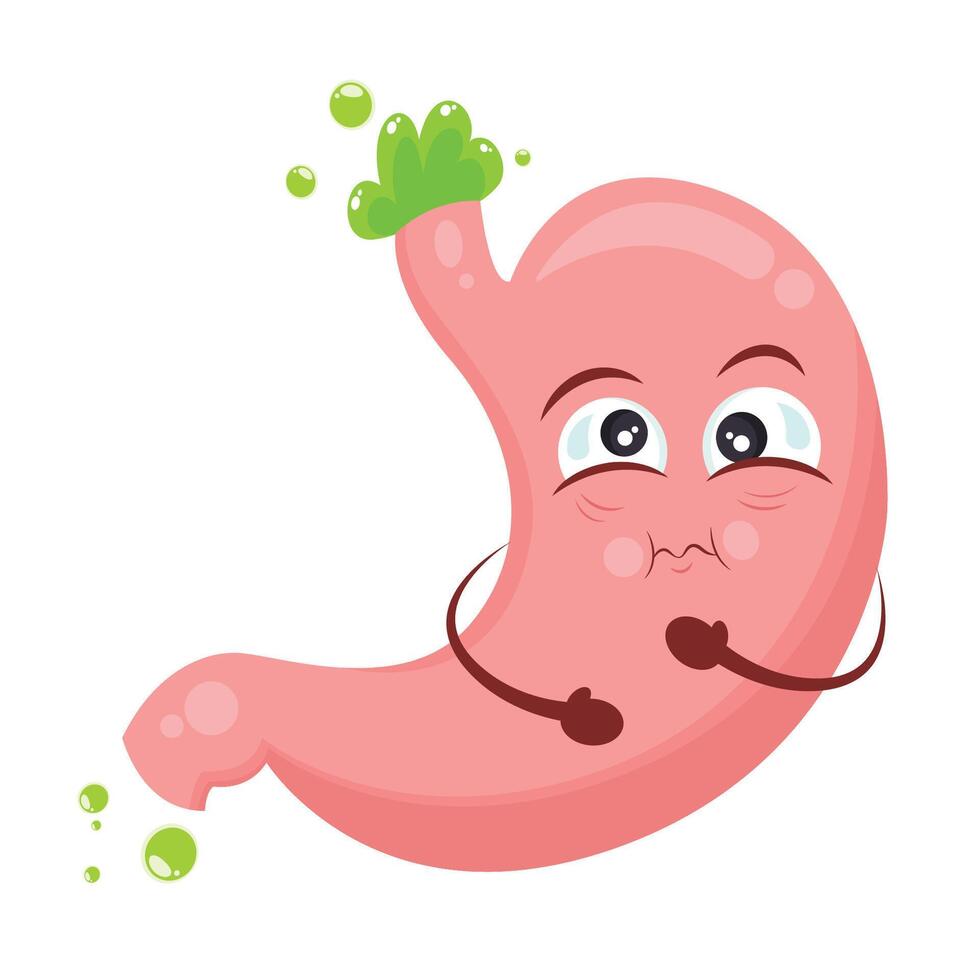 Isolated human stomach cartoon character icon sick with nausea, bile, and acid reflux vector