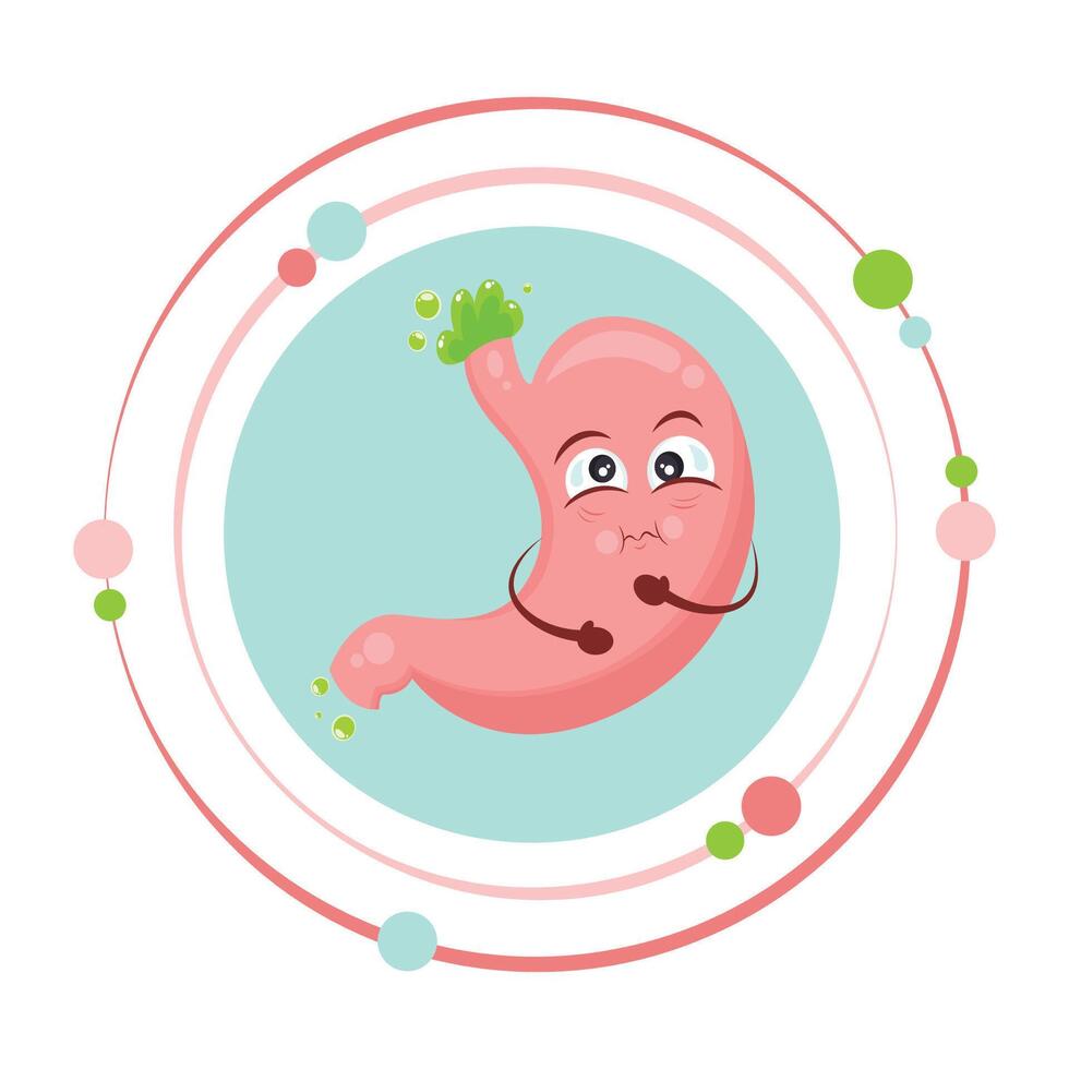 Isolated human stomach cartoon character icon sick with nausea, bile, and acid reflux vector