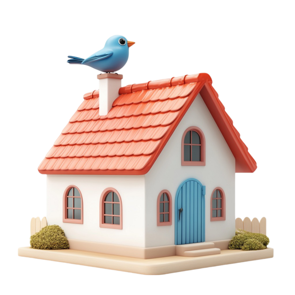 Blue Bird Perched on Chimney of White House Facing Left on Transparent background AI-Generative png