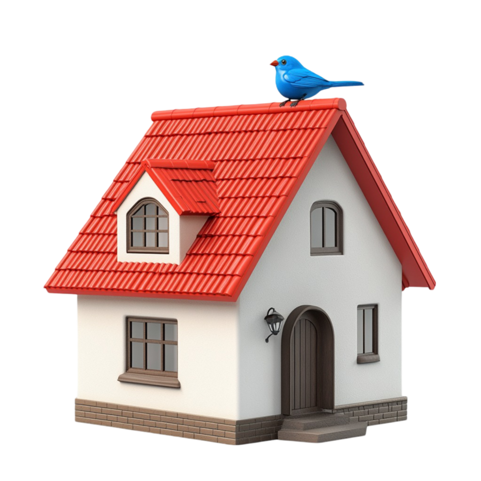 Small Red-Roofed House with Bird Perched on Roof on Transparent background AI-Generative png