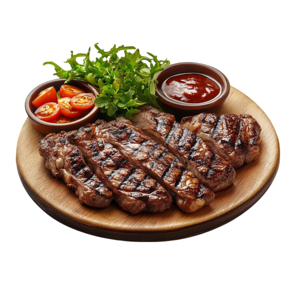 Plate of Grilled Steak with Tomatoes and Side of Ketchup on Transparent background AI-Generative png