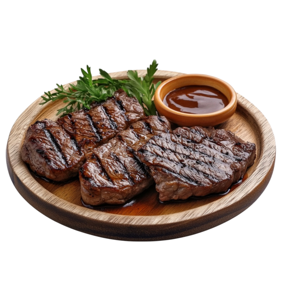 Plate of Grilled Steaks with Side of Sauce and Garnish on Transparent background AI-Generative png