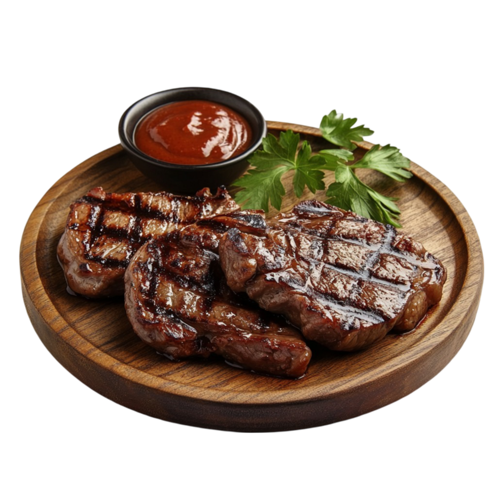 Plate of Grilled Beef Steak with Sauce, Garnished with Parsley, on Wooden Slat on Transparent background AI-Generative png