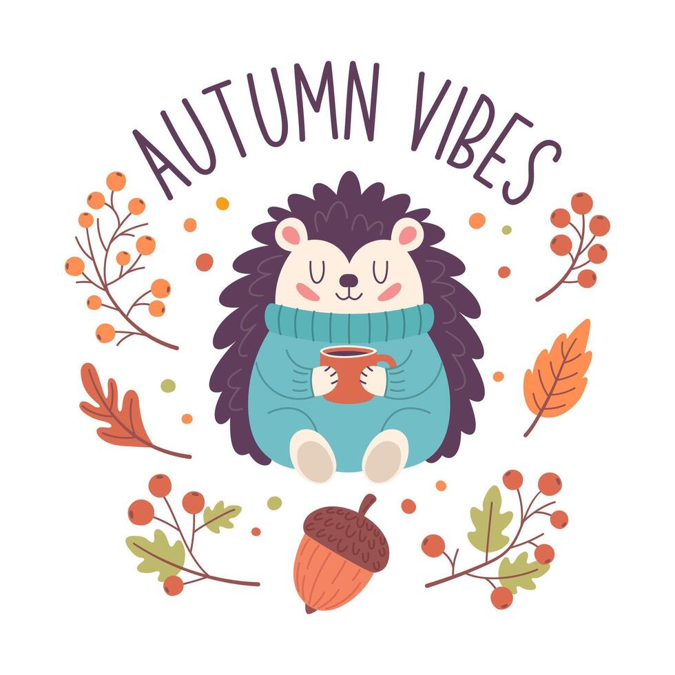 A hand-drawn autumn sticker with the phrase Autumn Vibes. An autumn phrase with cute and cozy design elements vector