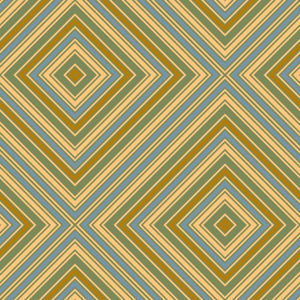This seamless pattern features a bold geometric diamond design in earthy tones of olive green, mustard yellow, and muted blue. The intricate, repetitive motif adds a dynamic and modern touch to vector