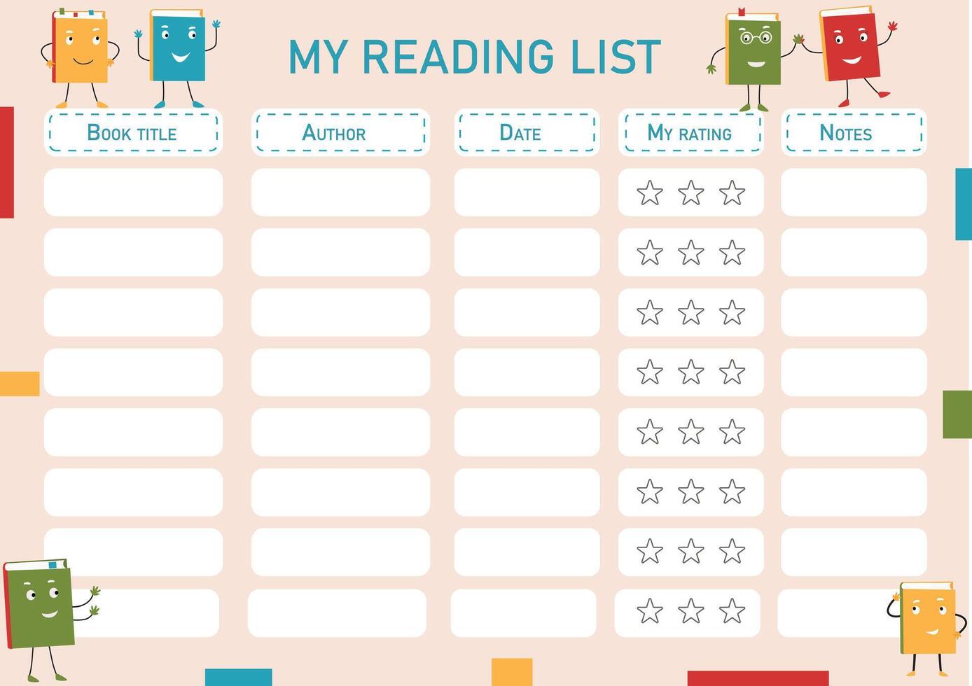 Reading list for kids with funny books. Book reading tracker, journal for progress tracking and motivation for children. Chart for school, book club, literature classe. vector