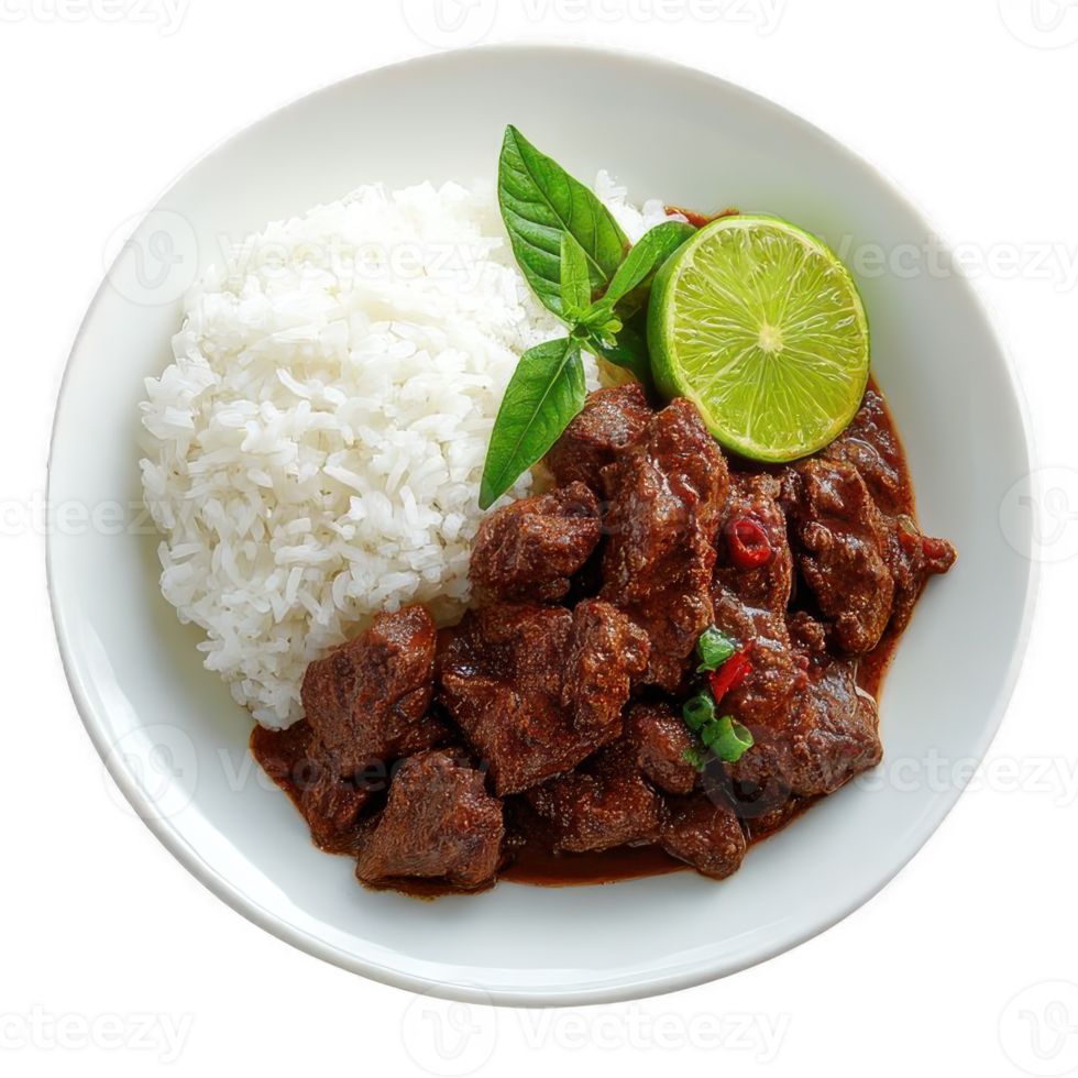 Rendang with rice and basil png