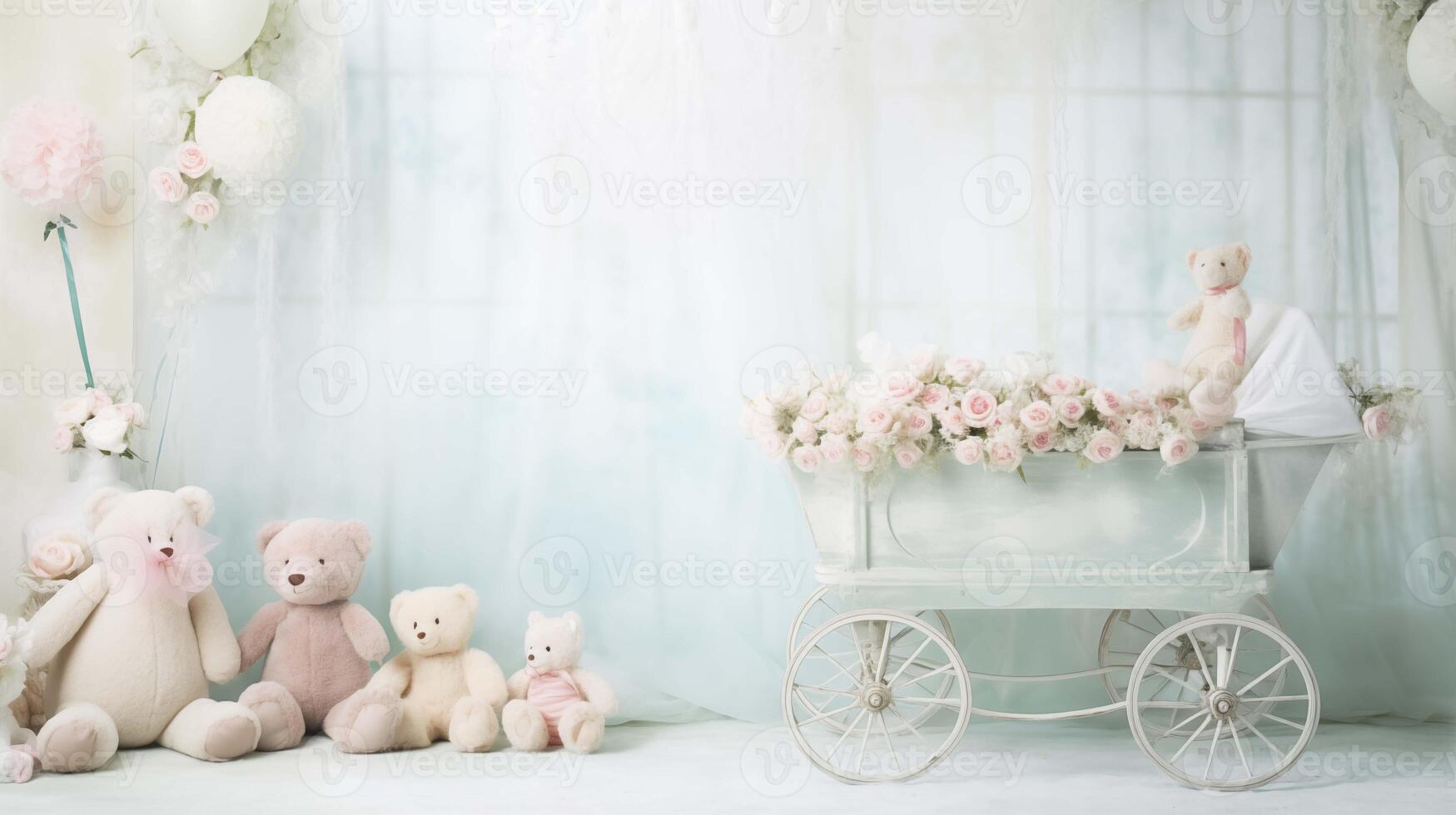 Vintage pram overflowing with roses, plush bears image background. Fairytale setting photography wallpaper. Soft, dreamy picture scene photorealistic. Babyhood concept photo realistic