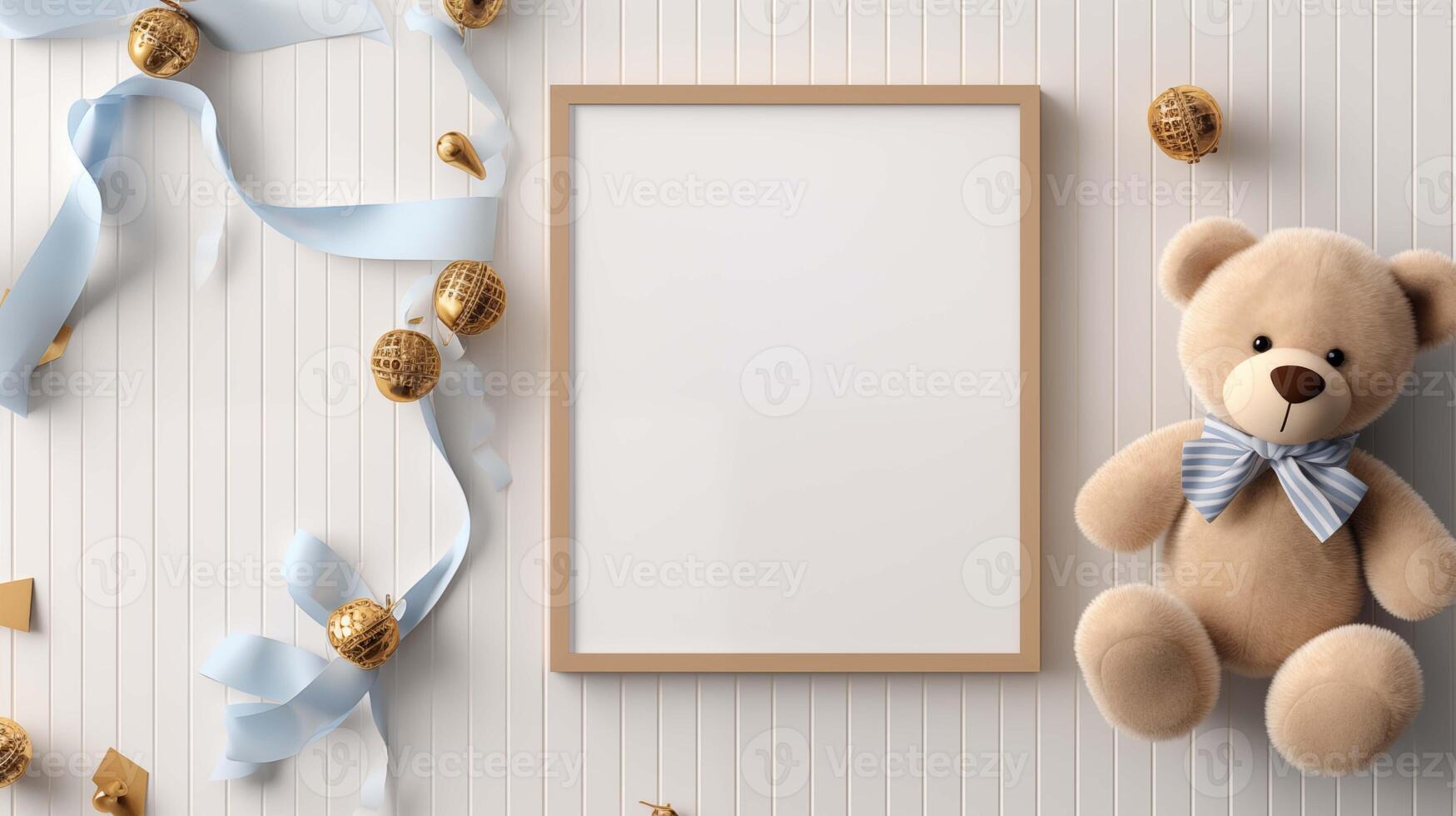 Soft plush bear with blue bow beside frame mock up. Blue ribbons and golden baubles, wooden pictureframe mockup with blank space. Babyhood concept composition top view, border picture photo